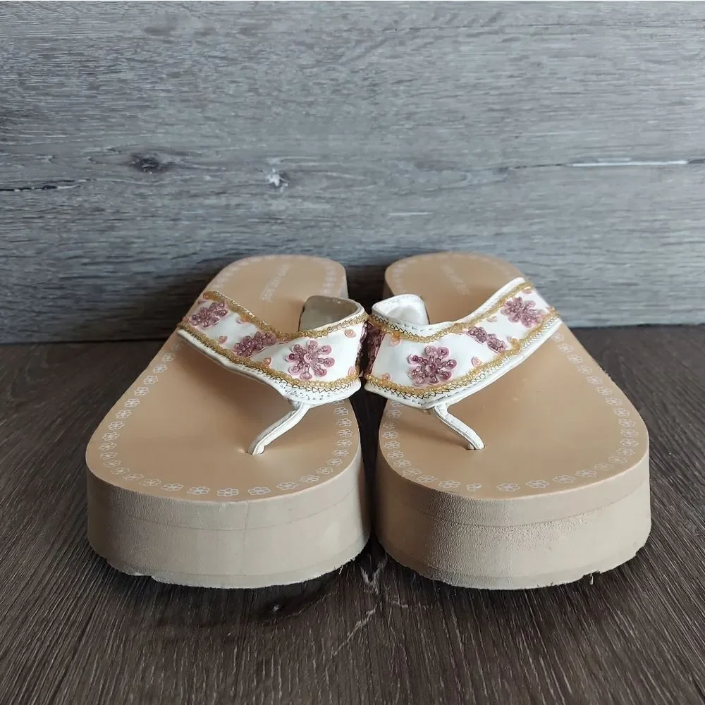 Lower East Side Vintage 90s Tan Floral Beaded Platform Sandal 7.5